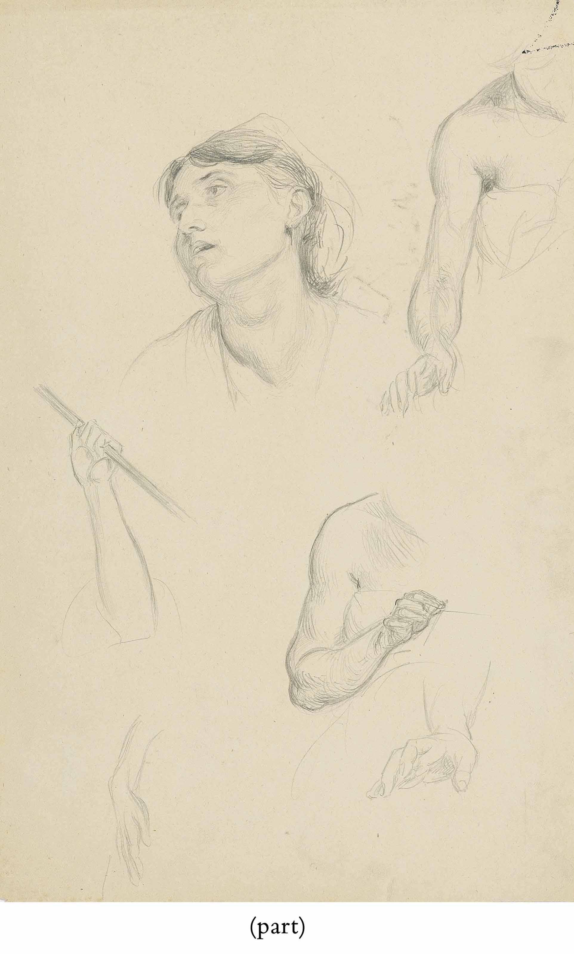Eugène-Emmanuel Amaury-Duval - Two Seated Female Figures, One Holding An Umbrella; And Studies Of A Female Head And Of Her Arm