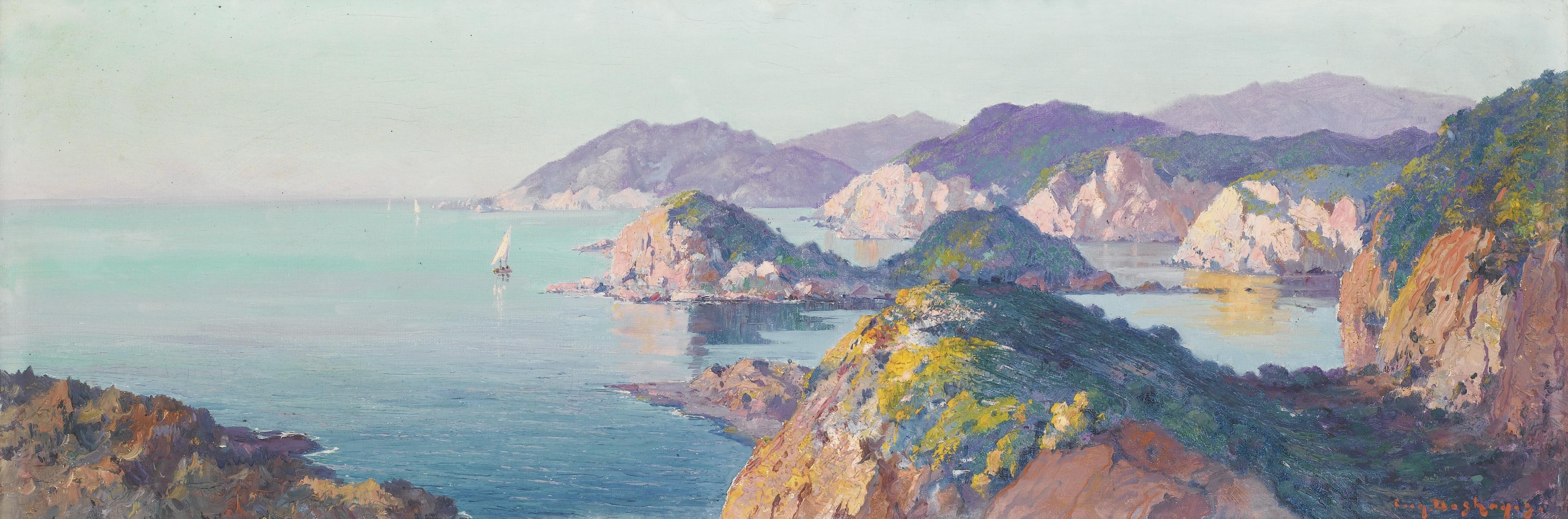 Eugène-François-Adolphe Deshayes - Voiliers Près D\'Une Côte Rocheuseeugène-François-Adolphe Deshayes ; Boats Sailing Near A Rocky Coast ; Signed Lower Right ; Oil On Canvas