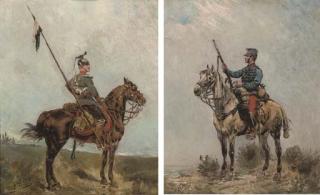 Eugène François Fines - A French dragoon on horseback; and A Prussian Uhlan lancer