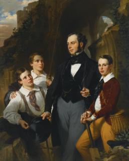 Eugène-François-Marie-Joseph Devéria - Portrait Of Laurence Davidson And His Three Sons, Three-Quarter Length, Standing By Ruins, His Sons Seated Around Him, One Holding A Fishing Rod, The Other Holding A Cricket Bat