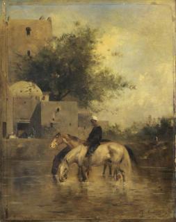 Eugène Fromentin - Horses Watering in a River