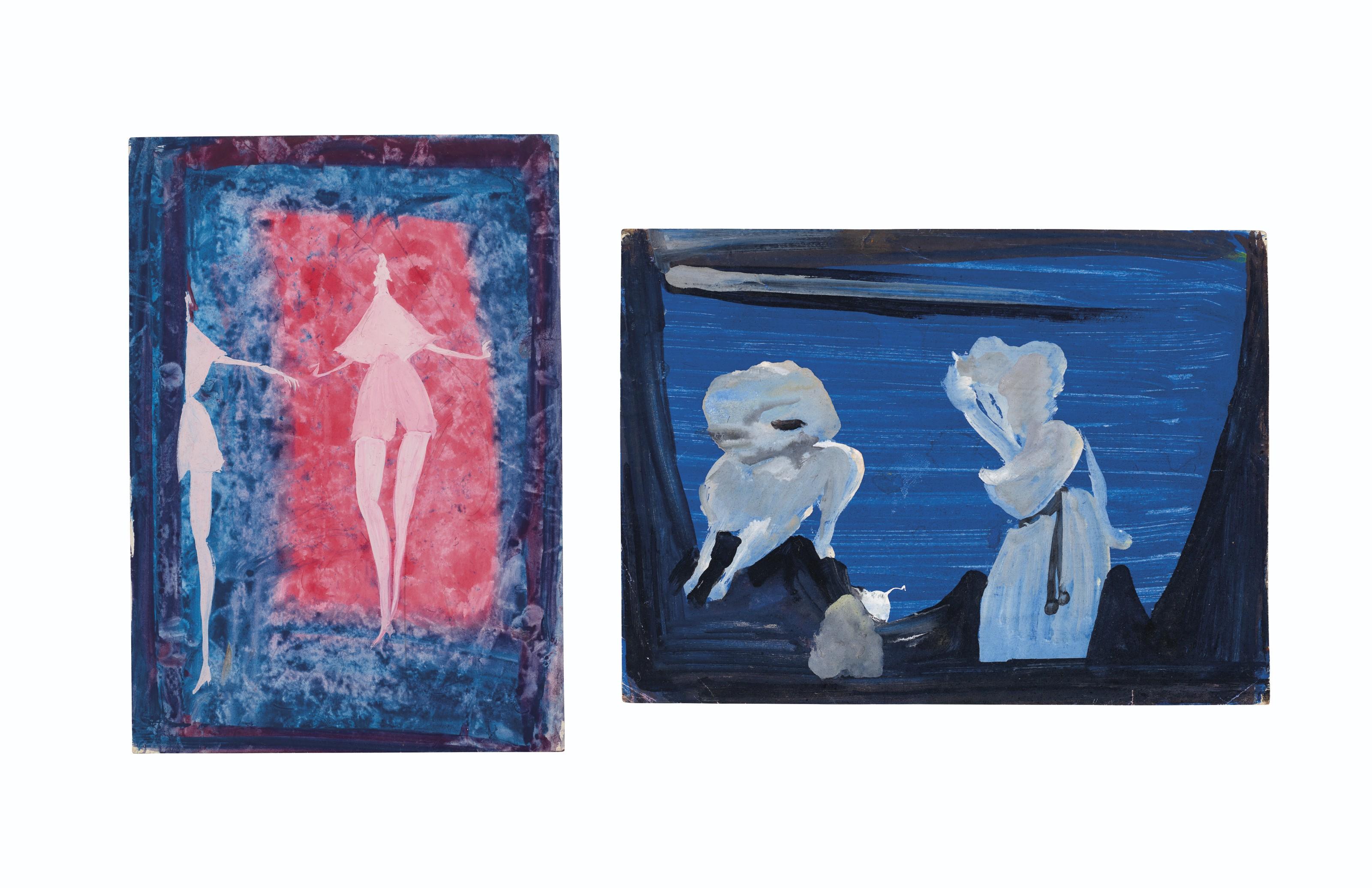 Eugene Gabritschevsky - Two Works (White Figures on Blue; Woman on Pink Square), 1954