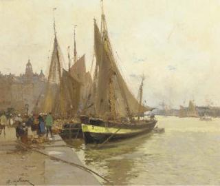 Eugène Galien Laloue - A bustling quayside, France