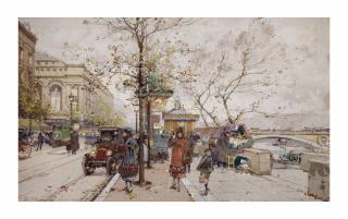 Eugène Galien-Laloue - A busy day on the quay Mégisserie with the Sarah-Bernhardt Theater, Paris