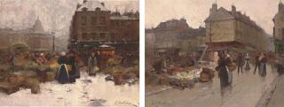 Eugène Galien-Laloue - A Parisian flower market; and A Parisian antiques market