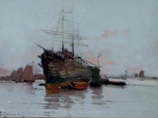 Eugène Galien-Laloue - A ship in a harbour