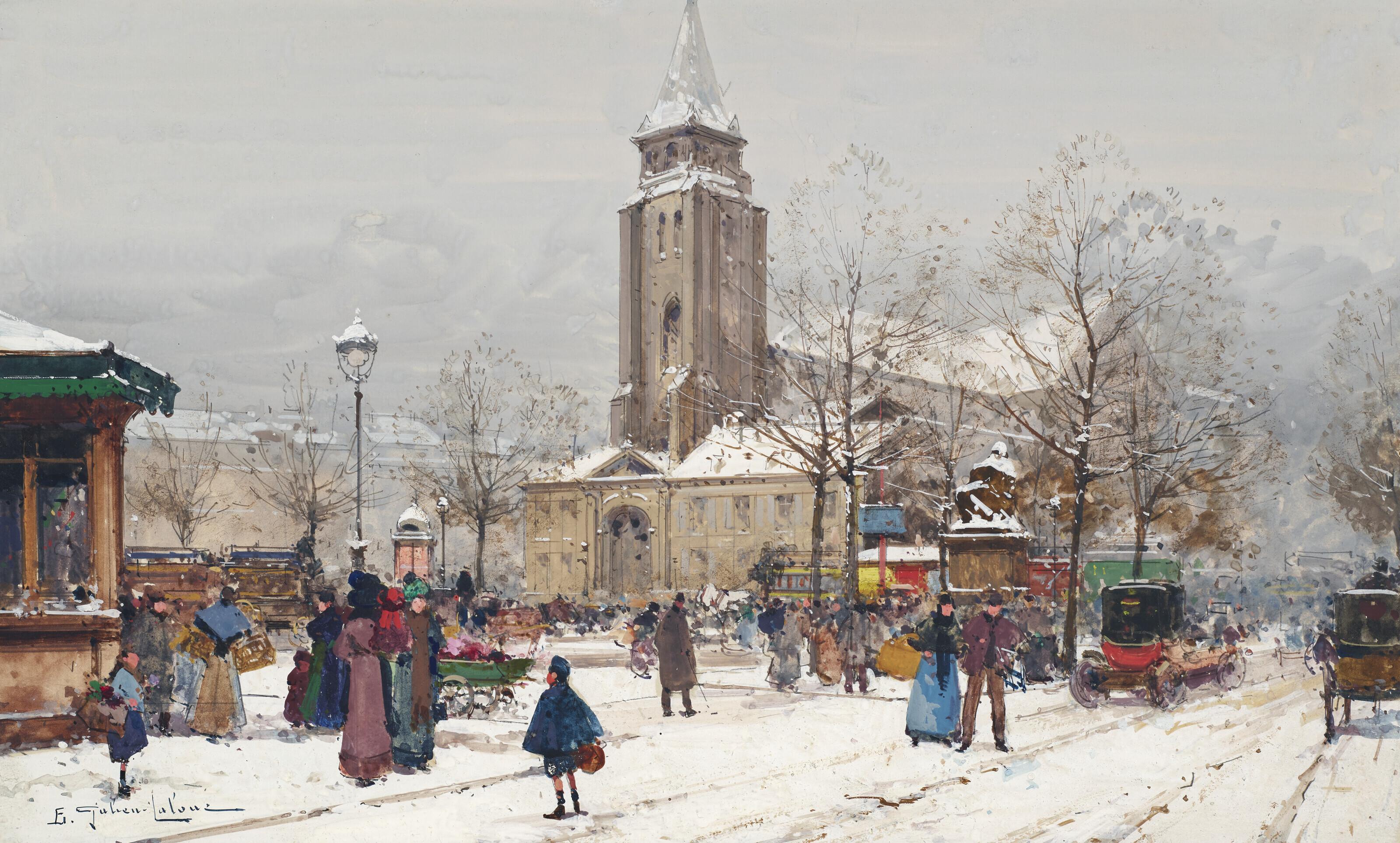 Eugène Galien-Laloue - L\'église Saint-Germain-des-Prés en hiver