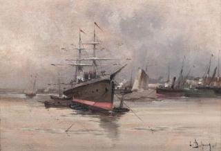 Eugène Galien-Laloue - Steamers Moored In A French Harbour