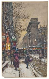 Eugène Galien-Laloue - The Boulevard de Bonne Nouvelle in Paris, under the snow, with the Porte Saint-Denis