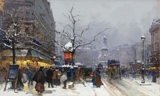 Eugène Galien-Laloue - The Rue du Temple and the Place de la République in winter