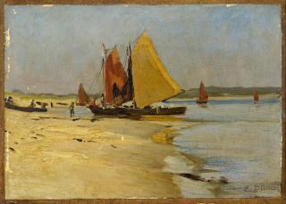 Eugène Gustav Dücker - Aufliegende Boote am Strand