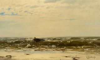 Eugène Gustav Dücker - Ostseestrand mit Blick auf das Meer und einem Boot