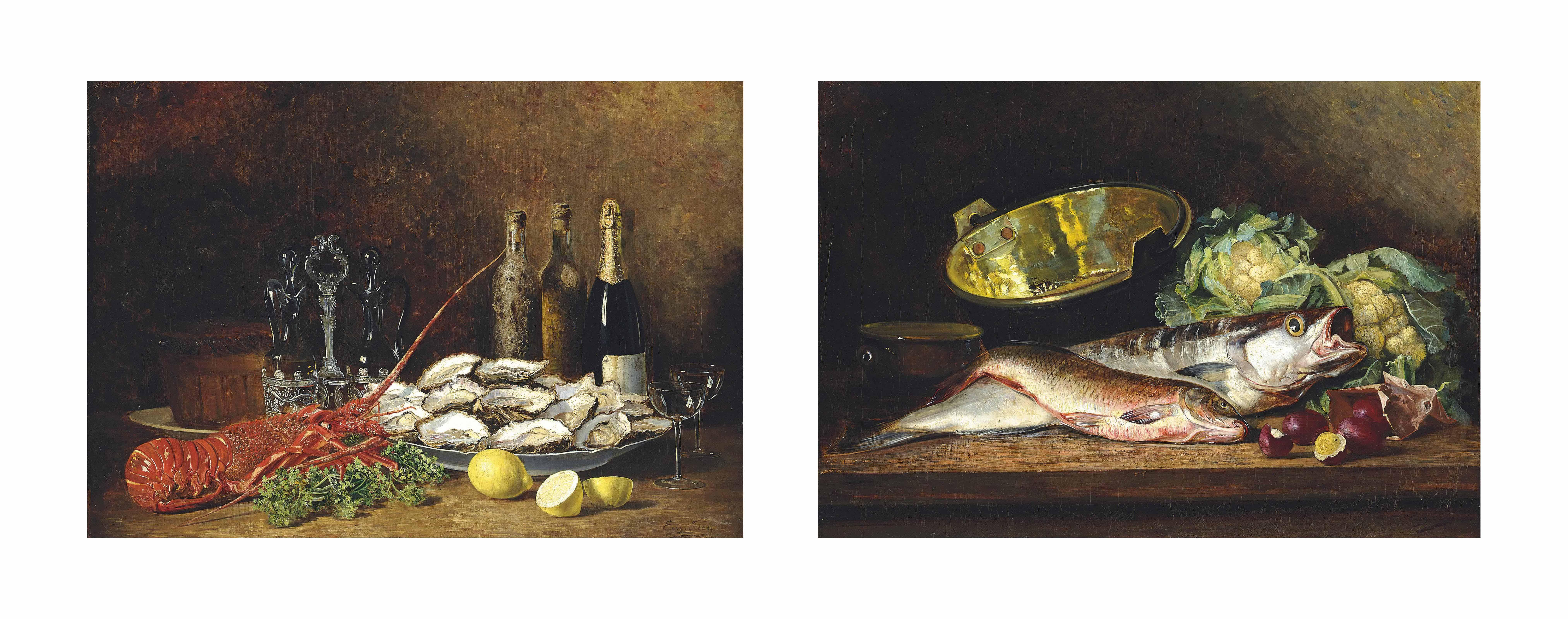Eugene H. Frey - Lobster with champagne and oysters on a ledge; and Fish with cabbages on a ledge