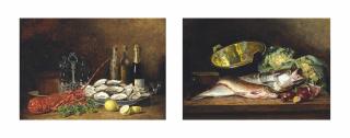 Eugene H. Frey - Lobster with champagne and oysters on a ledge; and Fish with cabbages on a ledge