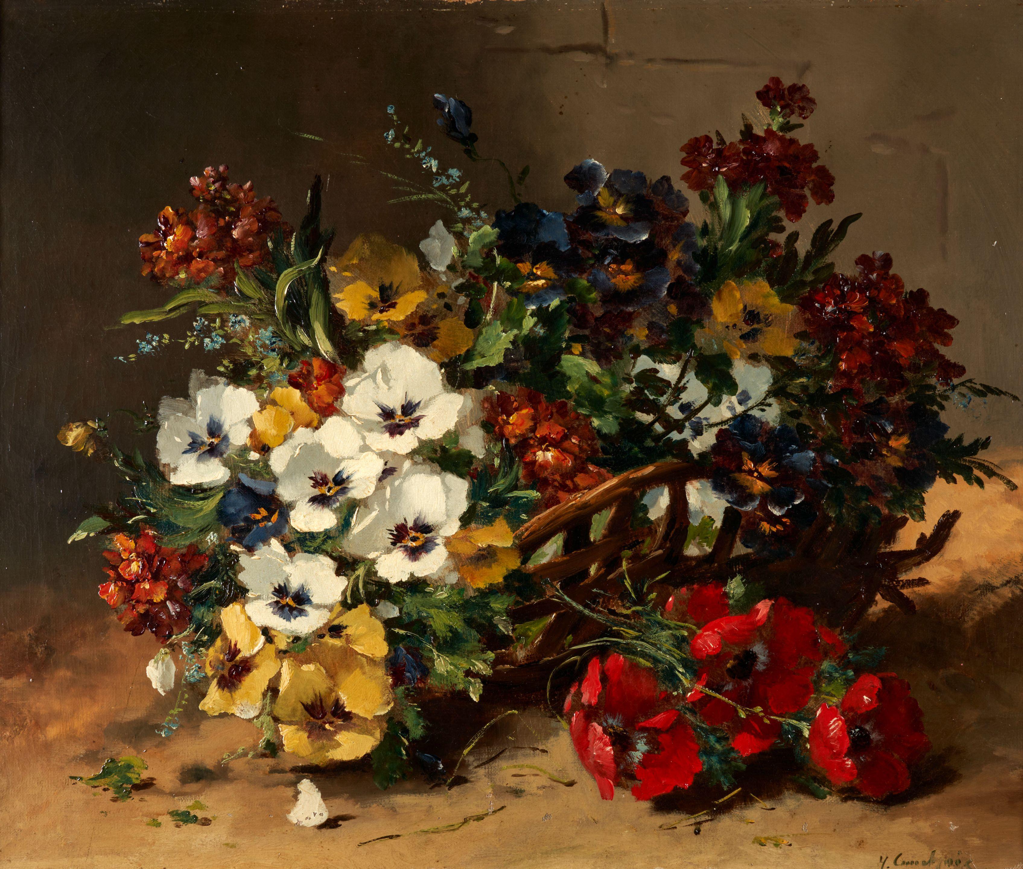 Èugene Henri Cauchois - A Still Life of Flowers in a Wicker Basket