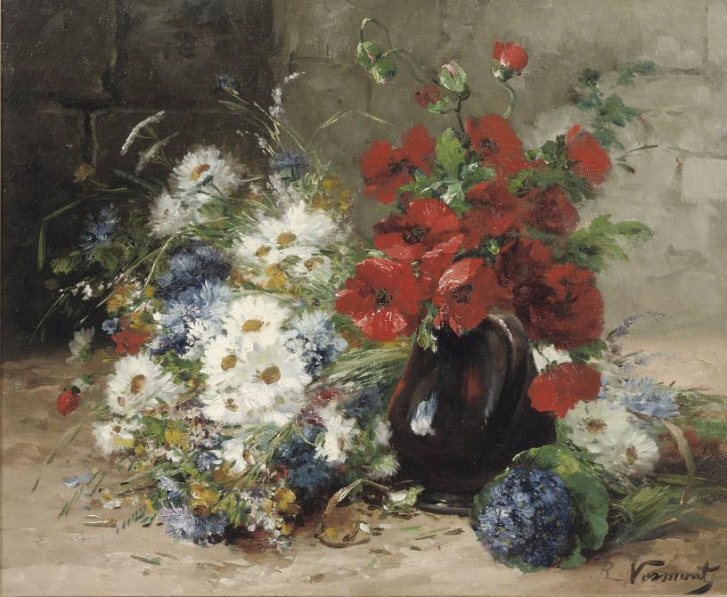 Eugène-Henri Cauchois - A summer-bouquet with poppies and daisies