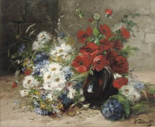Eugène-Henri Cauchois - A summer-bouquet with poppies and daisies