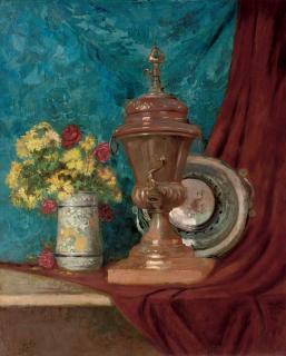 Eugène-Henri Cauchois - A vase of chrysanthemums and roses alongside an urn and a bowl, on a draped table