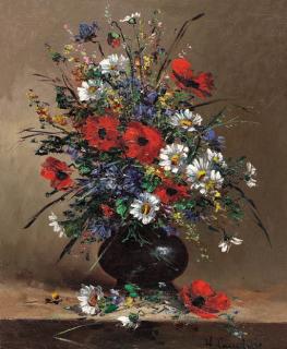 Eugene-Henri Cauchois - A vase of garden flowers