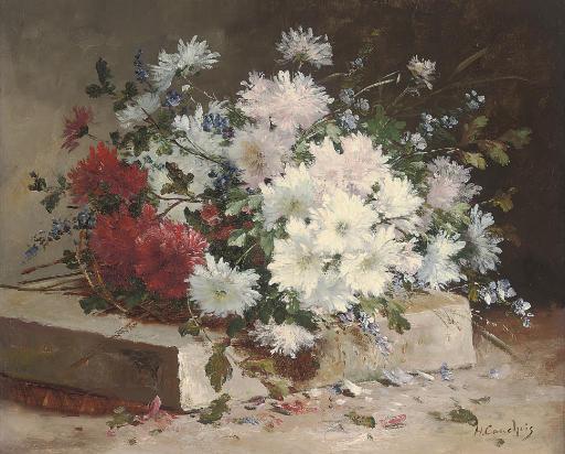 Eugene Henri Cauchois - Asters and sweet peas on a stone plinth