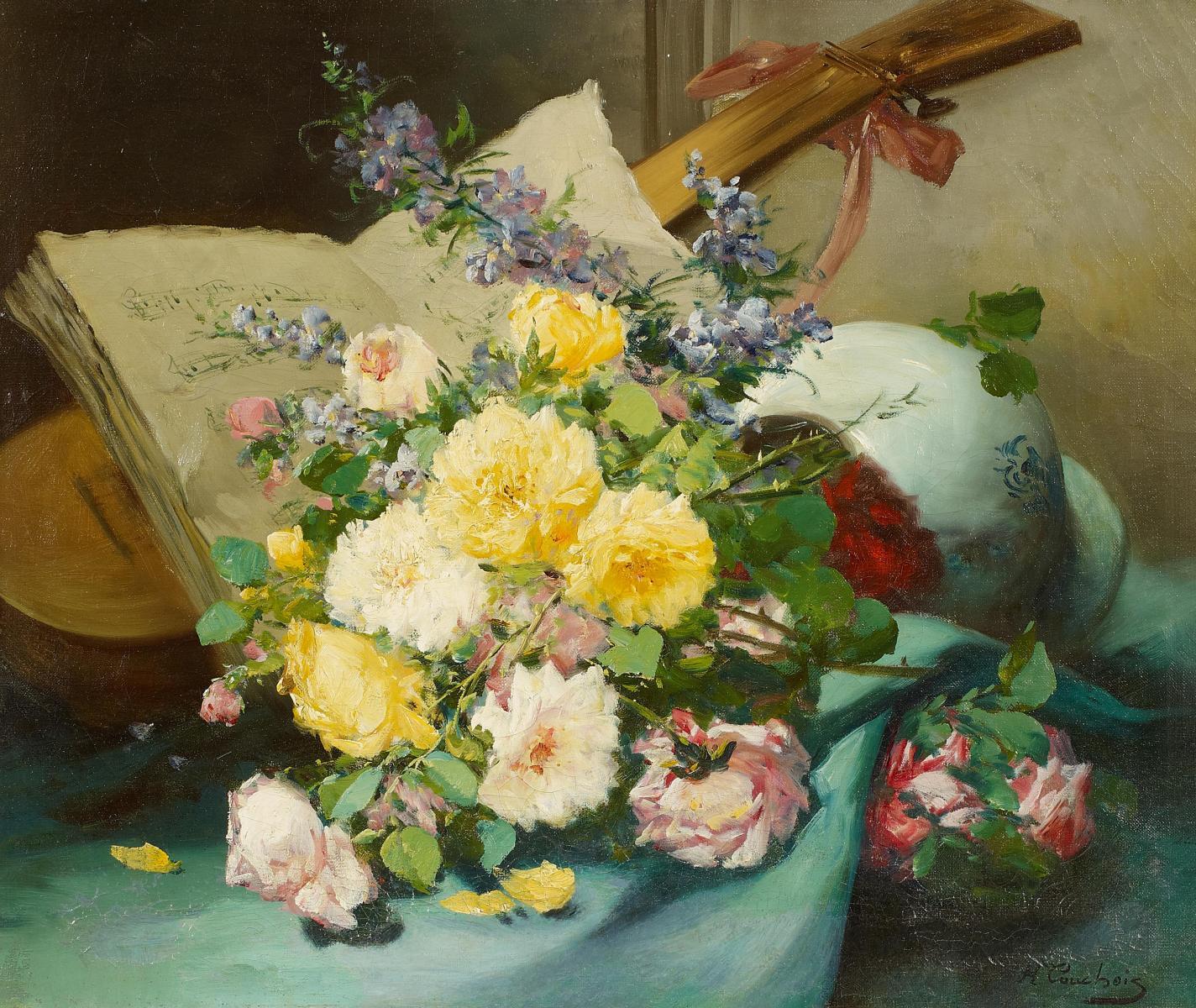 Eugène Henri Cauchois - Blumenstillleben mit Notenheft und Saiteninstrument