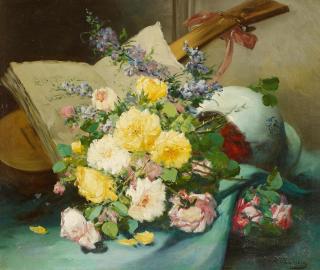 Eugène Henri Cauchois - Blumenstillleben mit Notenheft und Saiteninstrument