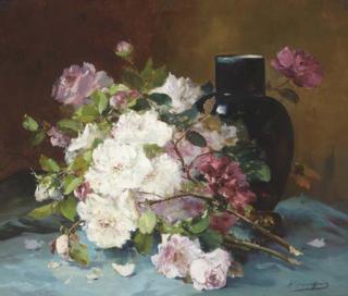 Eugène-Henri Cauchois - Bouquet of Roses and a Vase on a Draped Table
