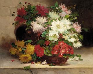 Eugene Henri Cauchois - Chrysanthemums and Geraniums in a basket on a ledge