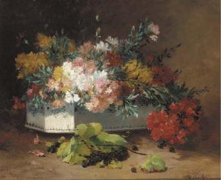 Eugène Henri Cauchois - Chrysanthemums in a ceramic jardinière