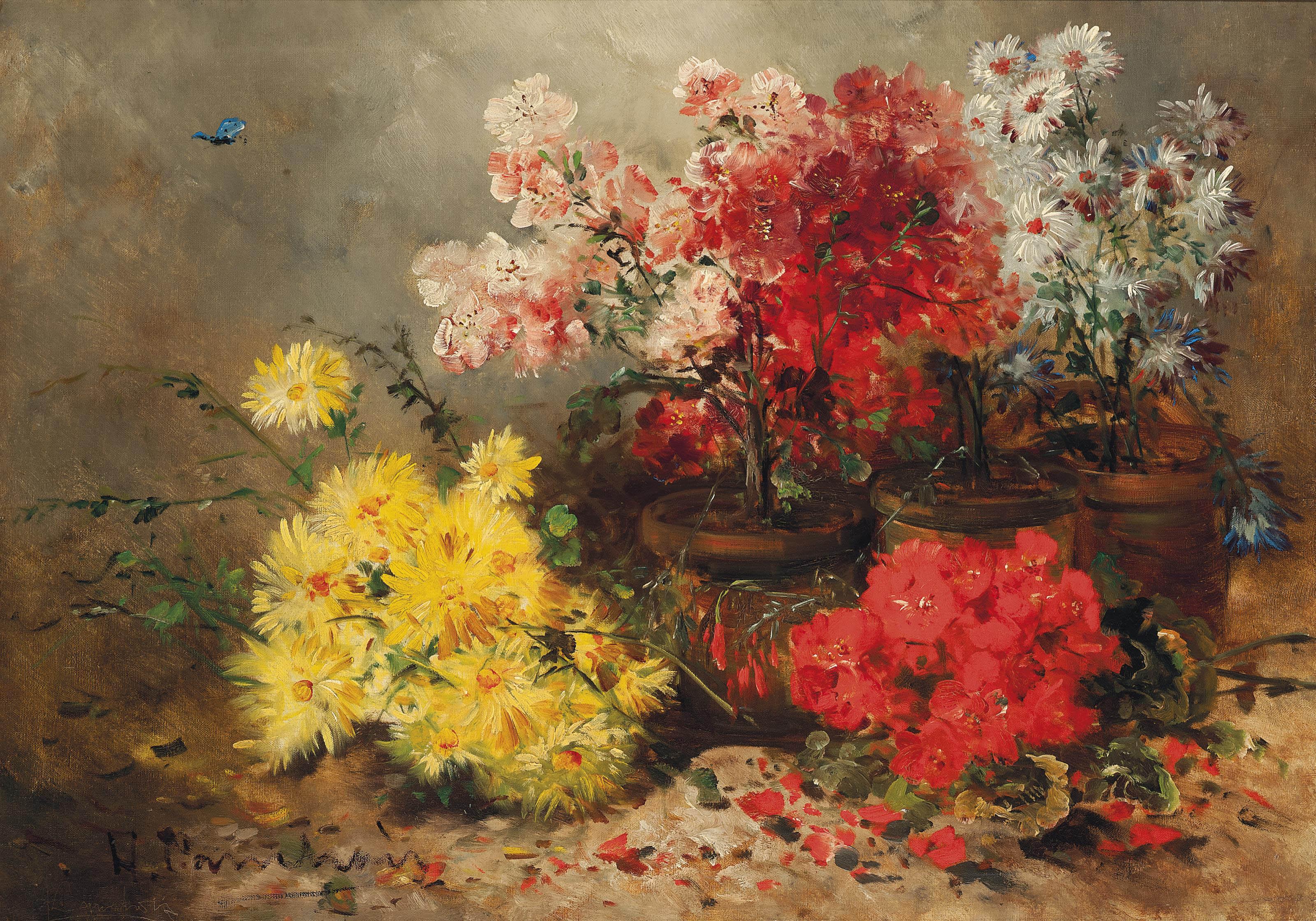 Eugène Henri Cauchois - Daisies, Marigolds, Geraniums And Other Summer Blooms