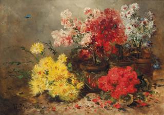 Eugène Henri Cauchois - Daisies, Marigolds, Geraniums And Other Summer Blooms