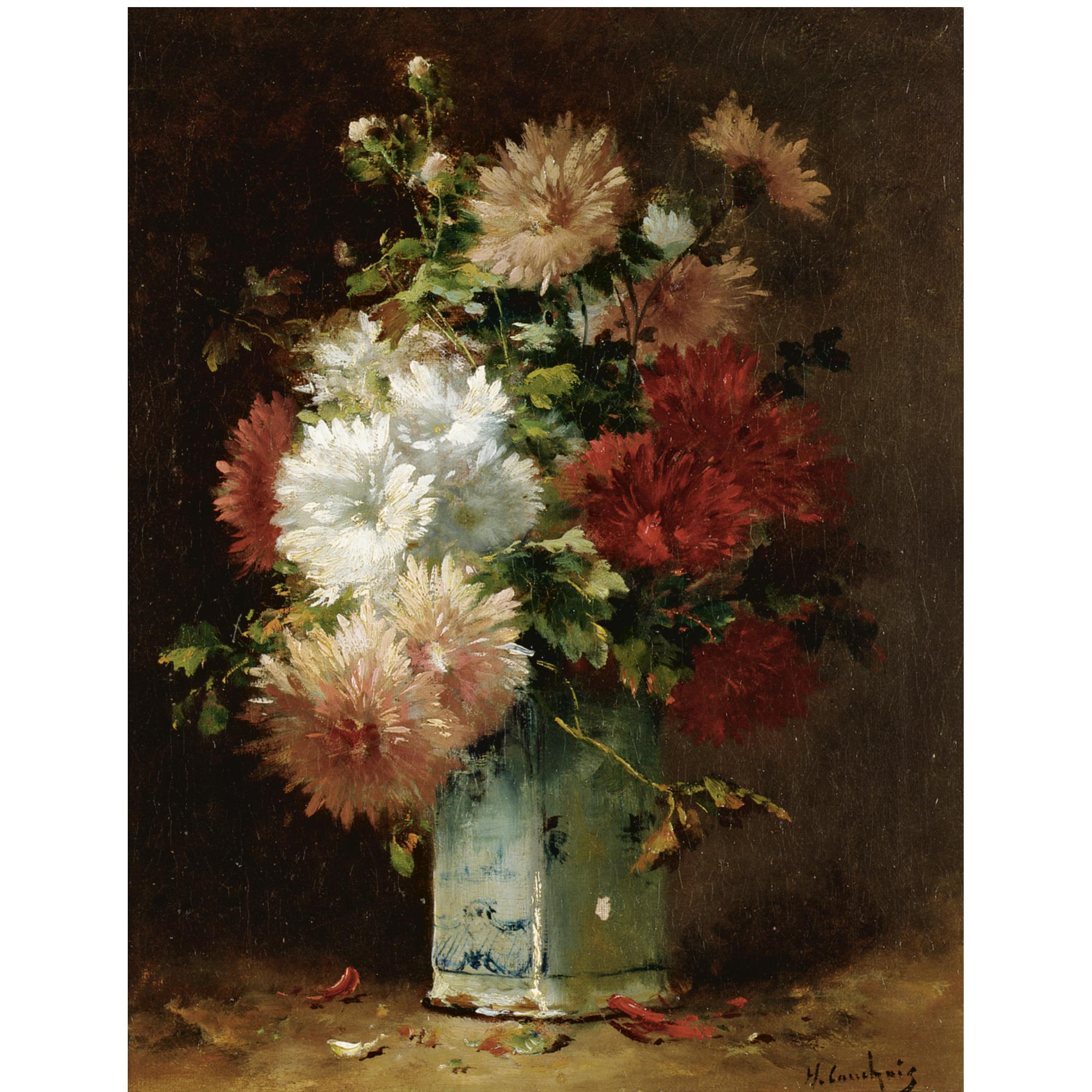 Eugene Henri Cauchois - French Crysanthemums In A Chinese Vase