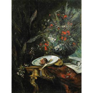 Eugène-Henri Cauchois - Nature Morte À La Grenade, À L\'Éventail Et À La Partition Carmen