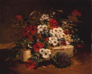 Eugène Henri Cauchois - Poppies, Daisies and summer grass on a stone plinth