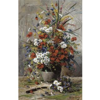 Eugene Henri Cauchois - Poppies, Margories, And Cornflowers