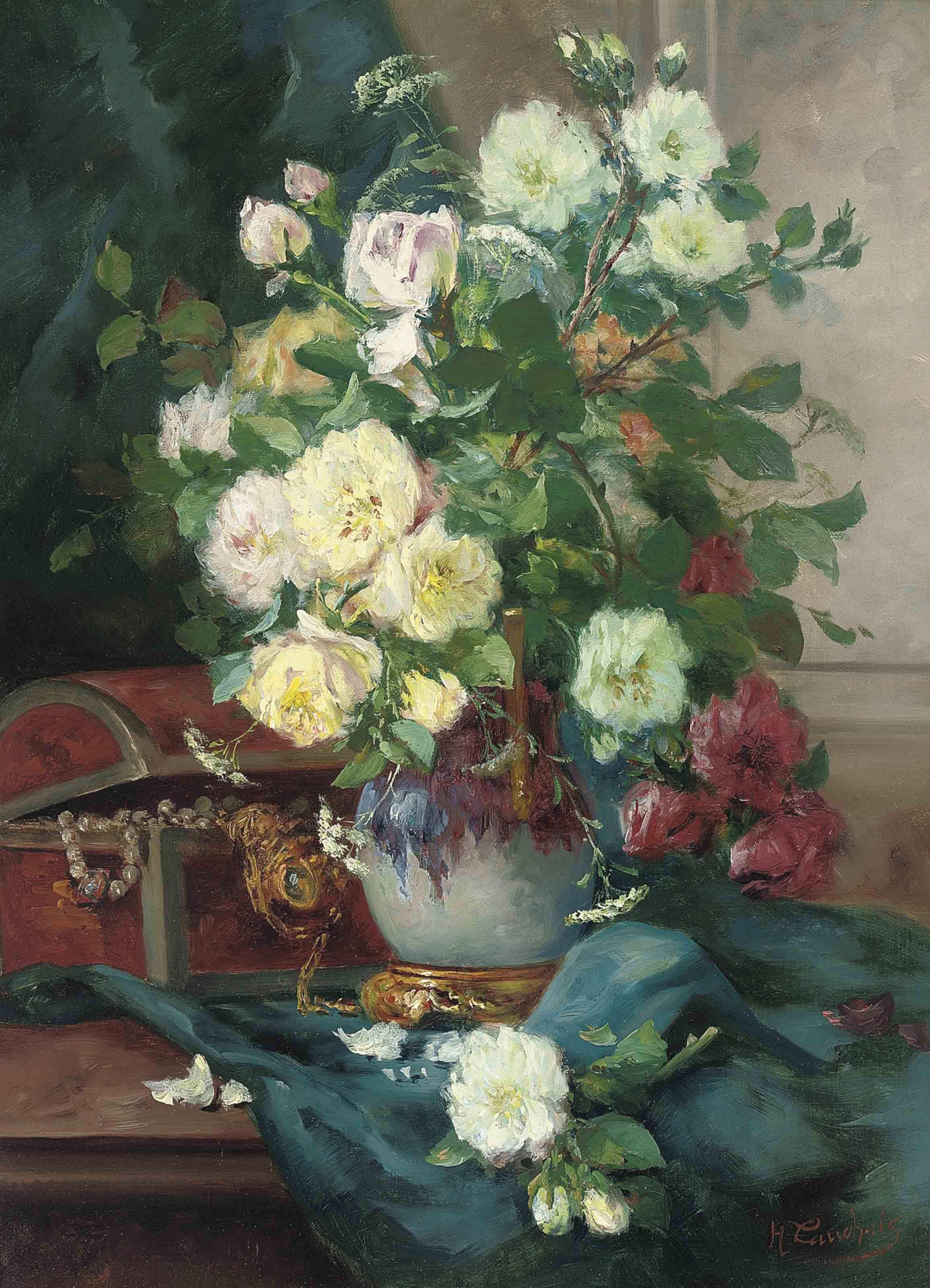 Eugène Henri Cauchois - Red roses, white roses and horse parsley in an ornamental vase by a chest of jewels on a draped ledge