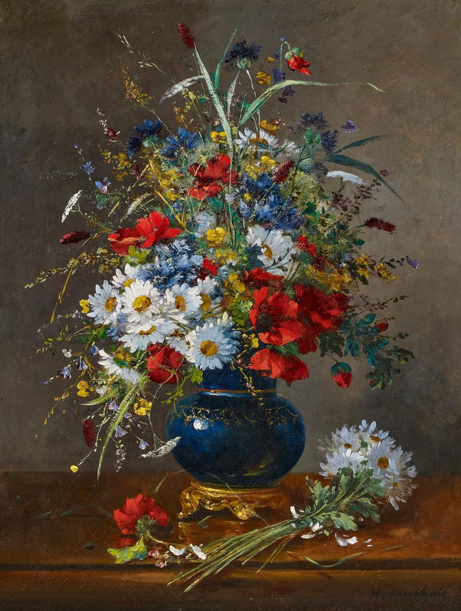 Eugène Henri Cauchois - Sommerstrauss in einer bauchigen, bronzemontierten Glasvase