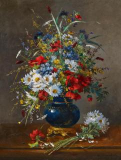 Eugène Henri Cauchois - Sommerstrauss in einer bauchigen, bronzemontierten Glasvase