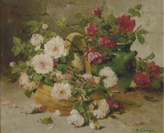 Eugéne Henri Cauchois - Still life of peonies and various flowers in a basket
