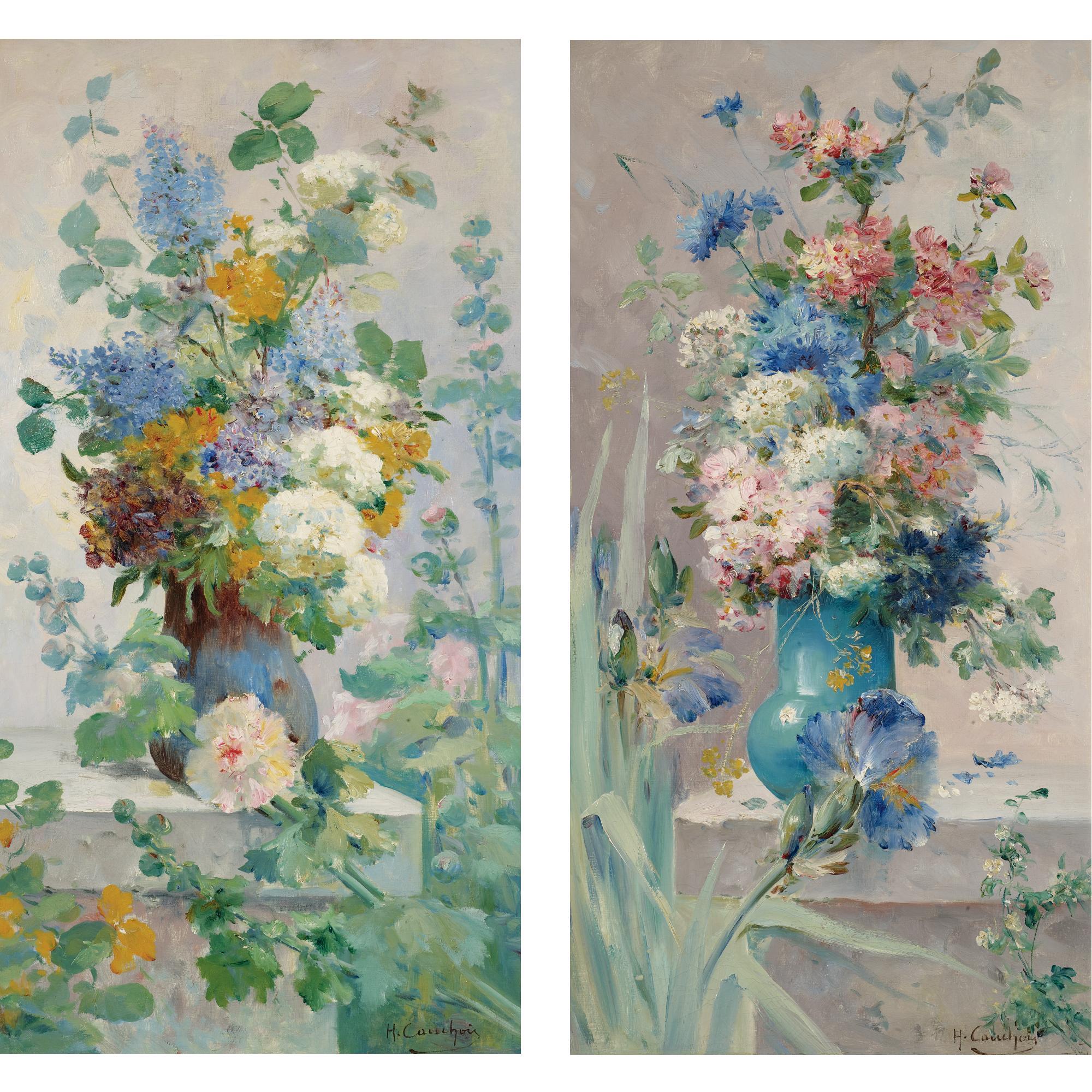 Eugène Henri Cauchois - Still Life With Flowers: A Pair Of Paintings
