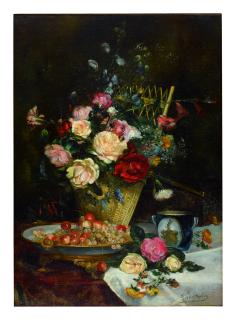 Eugène Henri Cauchois - Still Life With Roses, Cherries And Grapes
