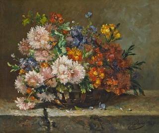 Eugène Henri Cauchois - Stillleben mit Chrysanthemen in einem Korb.