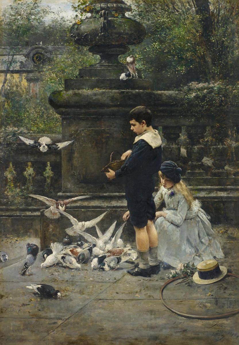 Eugene Joors - Kinder mit Tauben im Park
