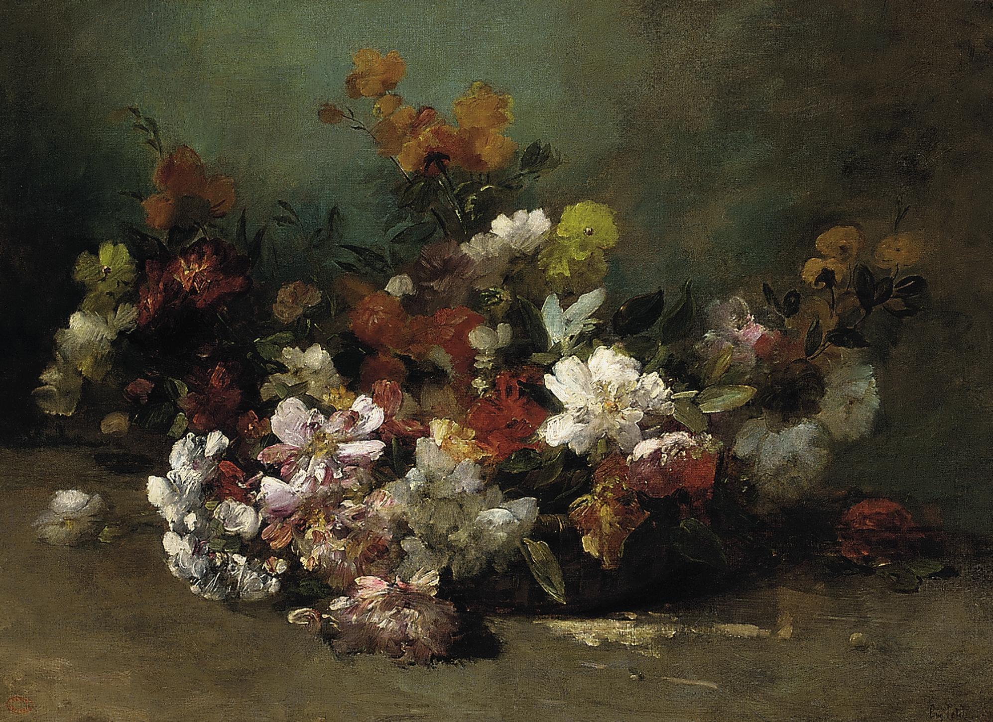 Eugène Joseph Constant Pierre Petit - Summer blooms in a basket