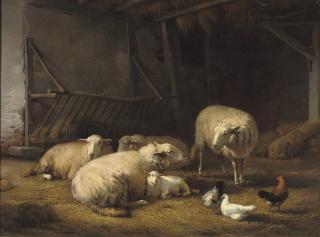 Eugène Joseph Verboeckhoven - A barn with sheep and chickens