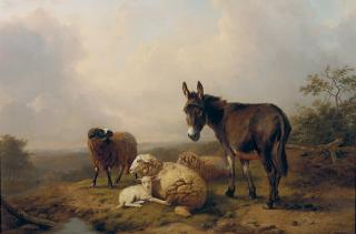 Eugène Joseph Verboeckhoven - A donkey and sheep on a hilltop