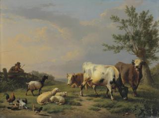 Eugène Joseph Verboeckhoven - A Farmer with three Cows, three Sheep, one Goat and five Chickens in a Landscape