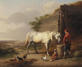 Eugène Joseph Verboeckhoven - A shared meal by man, horse and dog