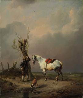 Eugène Joseph Verboeckhoven - A white horse, dog and rider at rest