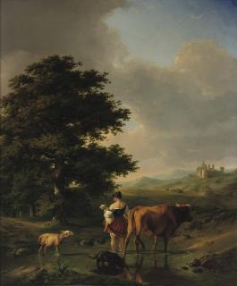 Eugene Joseph Verboeckhoven - A Woman And Her Cattle In An Extensive Summer Landscape